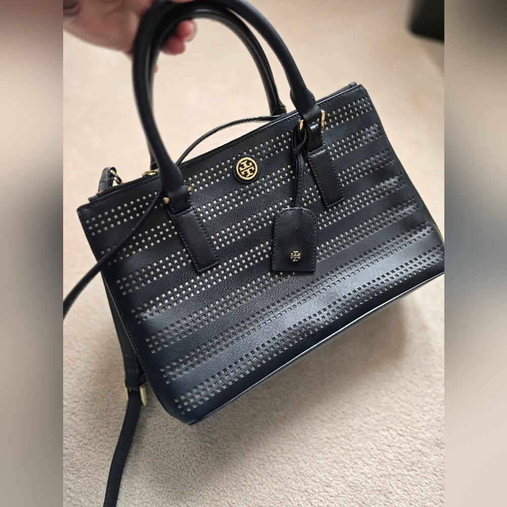 Tory Burch Black Perforated Leather Tote - Picture 2 of 11